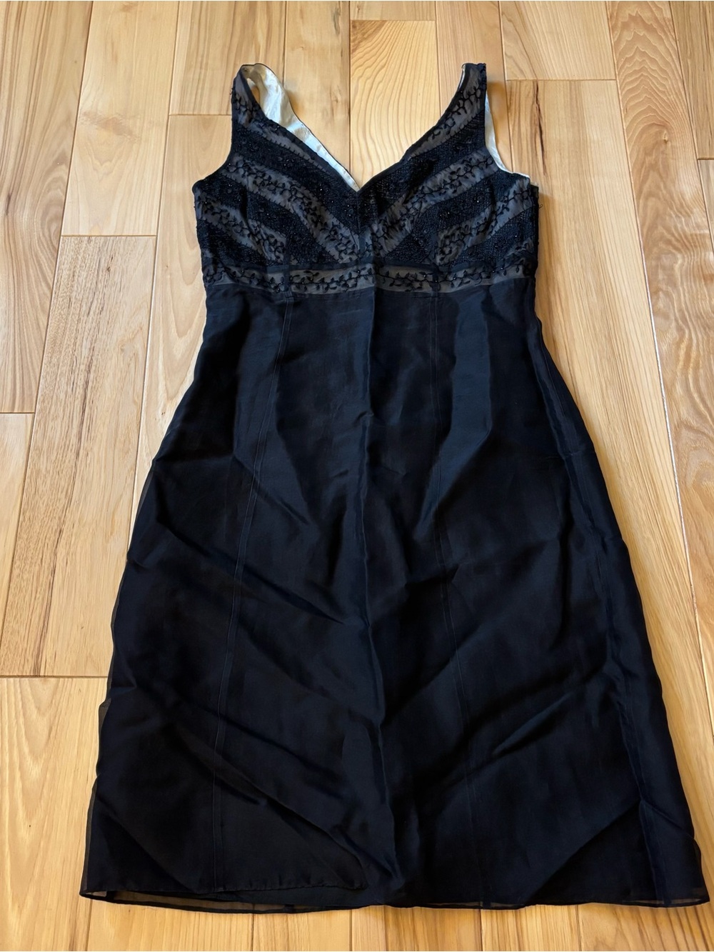 Vintage Ann Taylor Black Silk Bead Embellished V Neck Dress